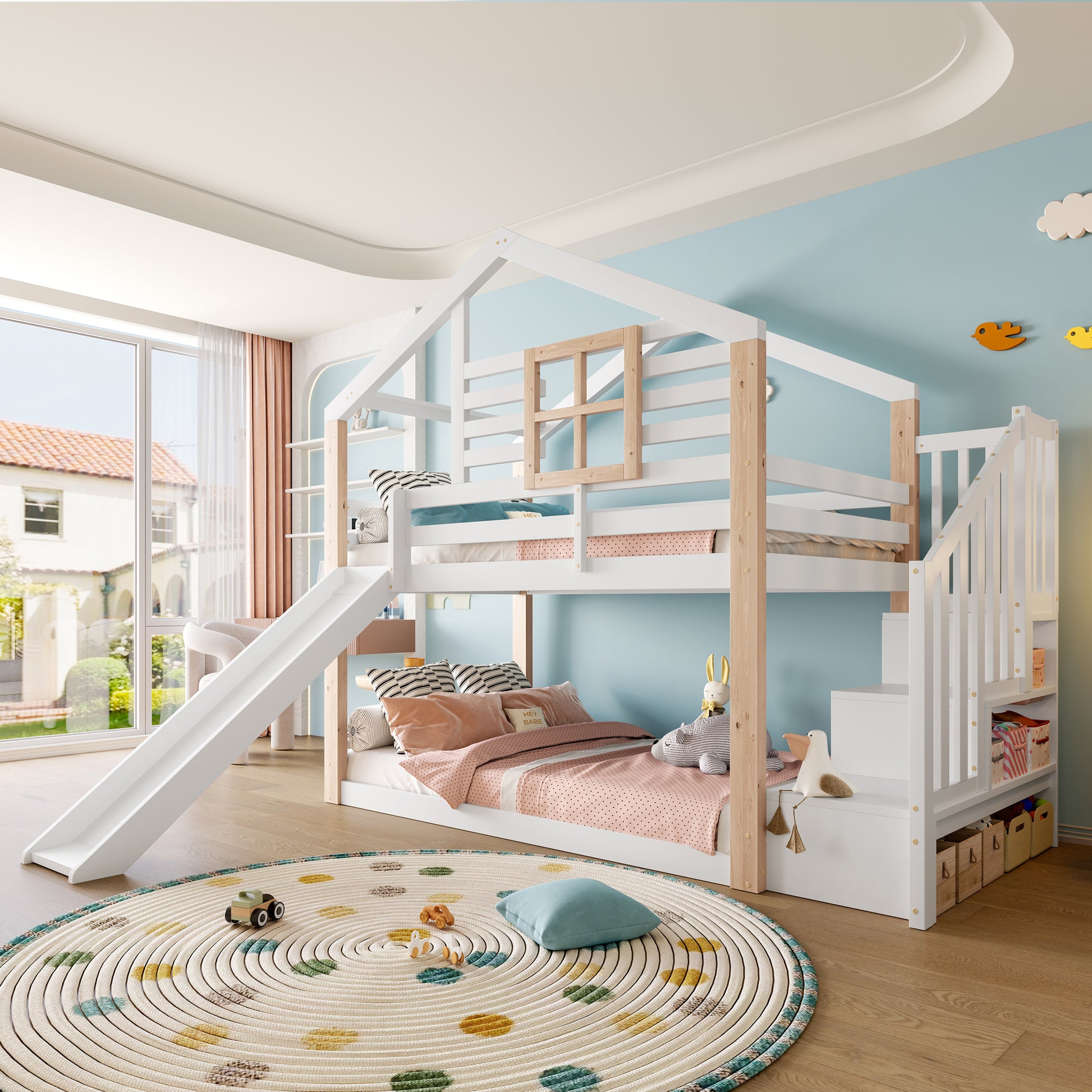 Gigab2b original image - Kinder-Etagenbett mit Rutsche und Treppe im skandinavisches Stil, Massivholzkonstruktion, stabil & sicher, mit Geländer & Stauraum, platzsparend, ideal für Geschwister, EN 747-1:2024 zertifiziert