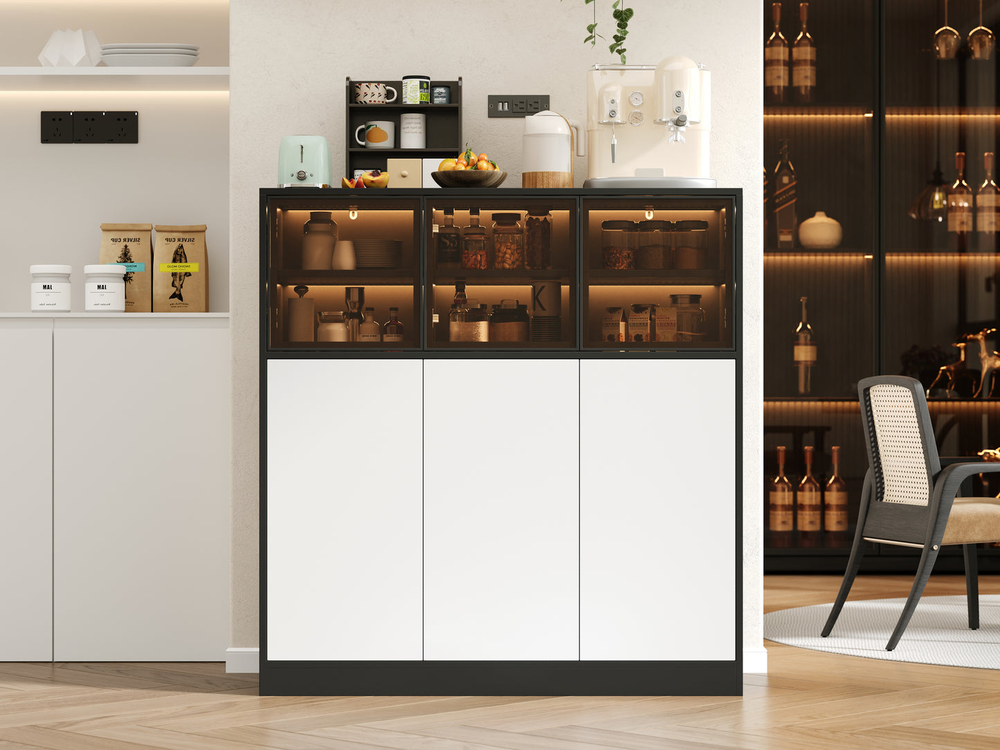 Sideboard,Küchenschrank, Aufbewahrungsschrank. Geeignet für Wohnzimmer, Küche, Esszimmer, mit Beleuchtung, 3 Glastüren, 3 weiße Türen, 100 x 40 x 105 cm, (Old Sku: N657P36865556S)