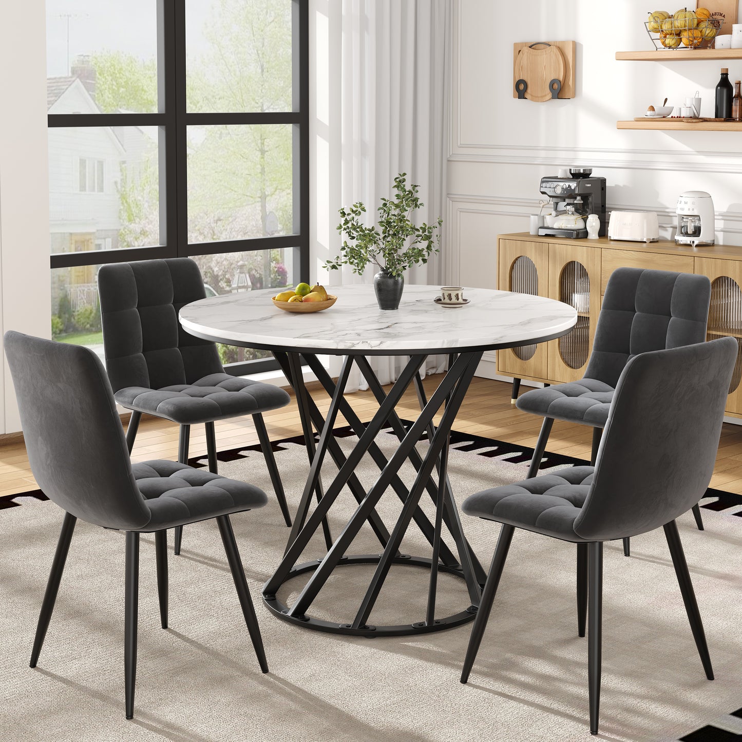 Gigab2b original image - Esstisch-Set (5-teilig), modernes Esstisch-Set (mit 4 Stühlen), Küchen-Esstisch-Set, runder Küchentisch mit 80 cm Durchmesser und schwarzen Metallbeinen, weiße MDF-Tischplatte, Samtstühle