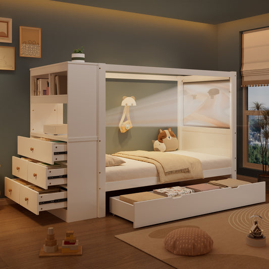 Gigab2b original image - Einzelbett, Kinderbett mit Fallschutz und Gitter,  Holzbett mit Stauraum, Lagerschrank mit 5 Schubladen, Schublade mit Rädern, Reichlich Stauraum, Kiefer+PB, Weiß+Natur,  90x200cm
