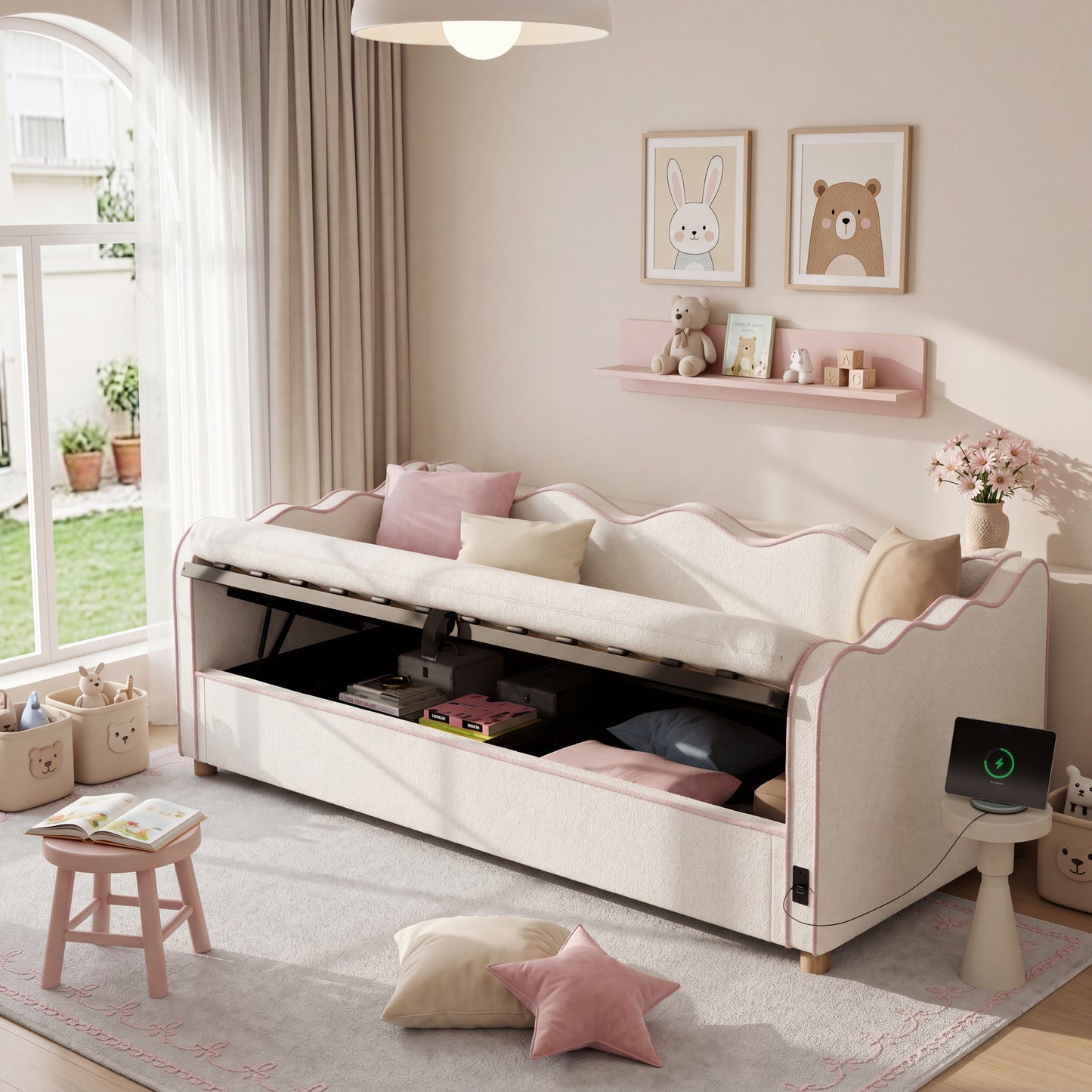 Daybett 90x200 cm mit hydraulischem Stauraum, Polsterbett, Tagesbett, Schlafsofa mit USB & Rückenlehne, bouclé, beige