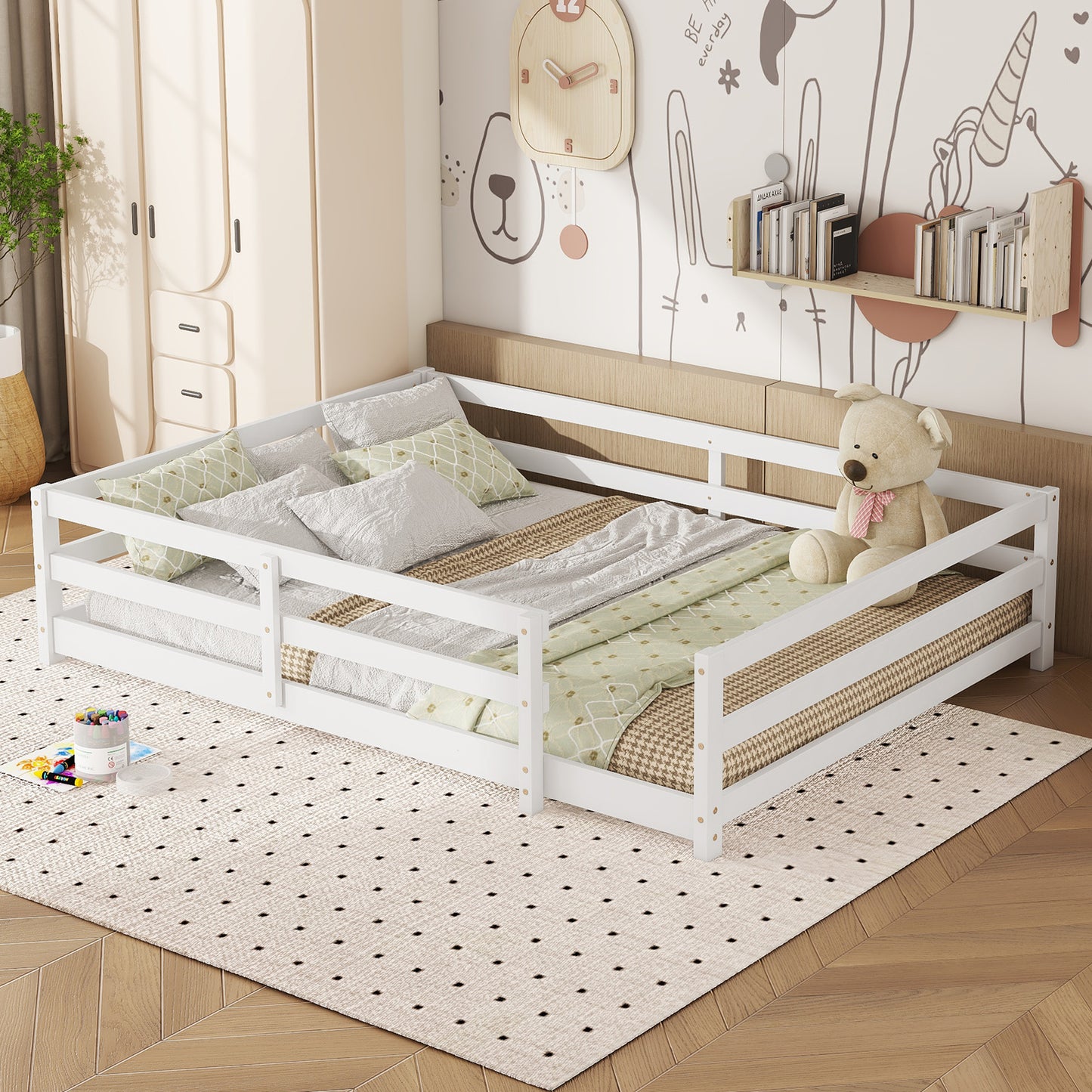 Montessori Bodenbett mit 4-Seiten-Gitter – Vollflächig, kein Lattenrost benötigt, Kiefernholz, einfach aufzubauen (140x200 cm, weiß)