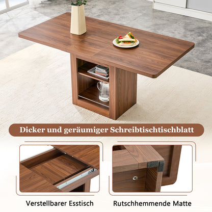 Moderner ausziehbarer Esstisch aus Nussbaumholz mit Ablage, platzsparender Küchentisch aus Holz für 4–8 Personen, ausziehbarer Esstisch mit Metallschienen