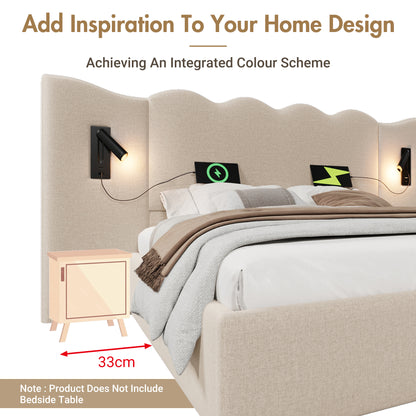 (=AB30748123B)Polsterbett Doppelbett 180×200 mit Leselampe und USB Type-C Ladefunktion, Stauraumbett Bettgestell mit Lattenrost aus Massivholz und Metall, Beige, Leinen (Ohne Matratze)