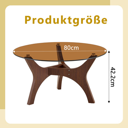 Runder Couchtisch mit Bernstein-Glasplatte, Moderner Wohnzimmertisch mit braunem Holzrahmen, Stabiler Kaffeetisch 80cm, Hitze- & Kratzfest, für Wohnzimmer, Büro & Lounge