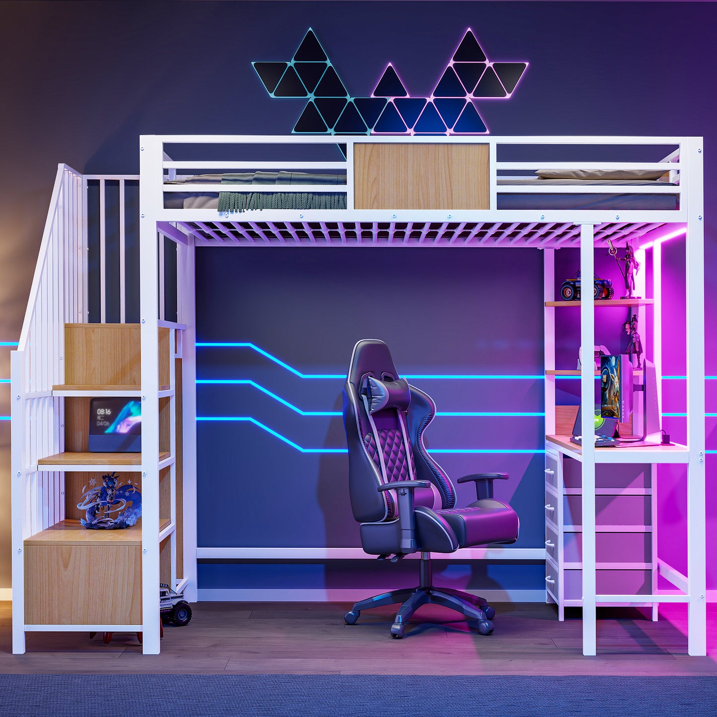 Metal Loft Bed with Desk, Storage, and Clothes Rail