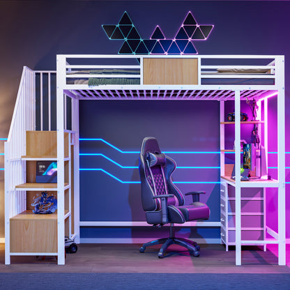 Metal Loft Bed with Desk, Storage, and Clothes Rail
