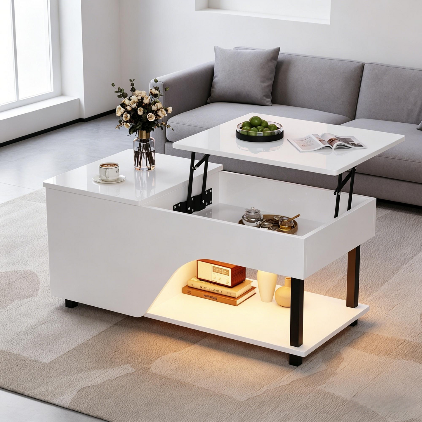 50 x 100 x 46 cm höhenverstellbarer Wohnzimmer-Couchtisch,Beistelltisch mit verstecktem Stauraum,Durchbrochener kaffetisch,Hochglänzender LED-Sofatisch,Teetisch mit seitlicher Ablage,Weiß