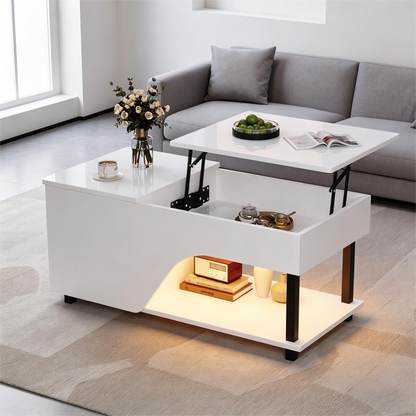50 x 100 x 46 cm höhenverstellbarer Wohnzimmer-Couchtisch,Beistelltisch mit verstecktem Stauraum,Durchbrochener kaffetisch,Hochglänzender LED-Sofatisch,Teetisch mit seitlicher Ablage,Weiß
