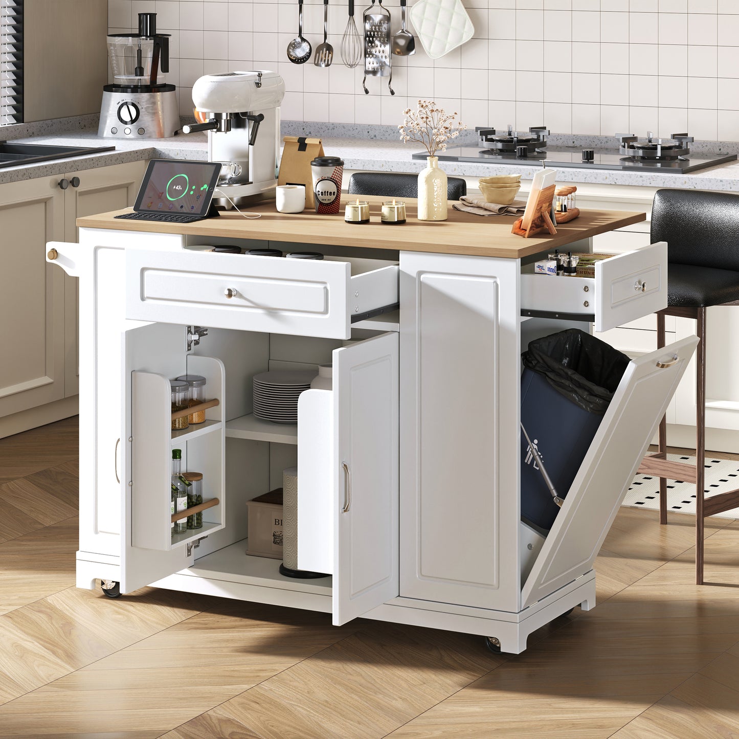 Gigab2b original image - Kücheninsel mit Rollen, Ausziehbarer Essbereich Kücheninsel mit Multifunktionsschubladen und Abfallbehälterfach, Mobile Kücheninsel Ideal für Küche und Esszimmer (Weiß)