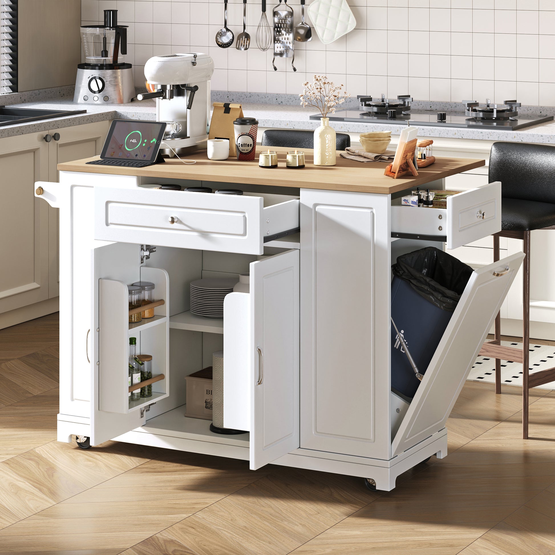 Gigab2b original image - Kücheninsel mit Rollen, Ausziehbarer Essbereich Kücheninsel mit Multifunktionsschubladen und Abfallbehälterfach, Mobile Kücheninsel Ideal für Küche und Esszimmer (Weiß)