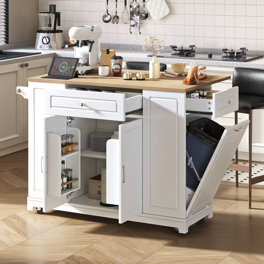Gigab2b original image - Kücheninsel mit Rollen, Ausziehbarer Essbereich Kücheninsel mit Multifunktionsschubladen und Abfallbehälterfach, Mobile Kücheninsel Ideal für Küche und Esszimmer (Weiß)
