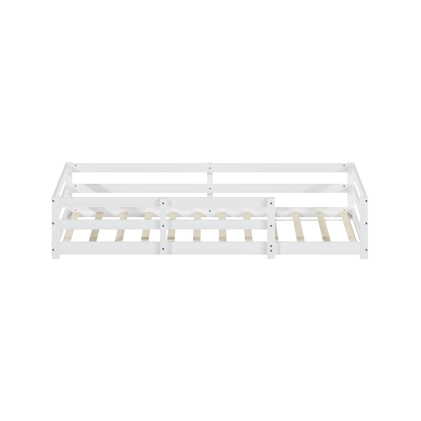 Montessori Bodenbett mit Schutzgitter – Flaches Bett ohne Boxspring nötig, aus Kiefernholz, schnell montiert (90x200 cm, weiß)