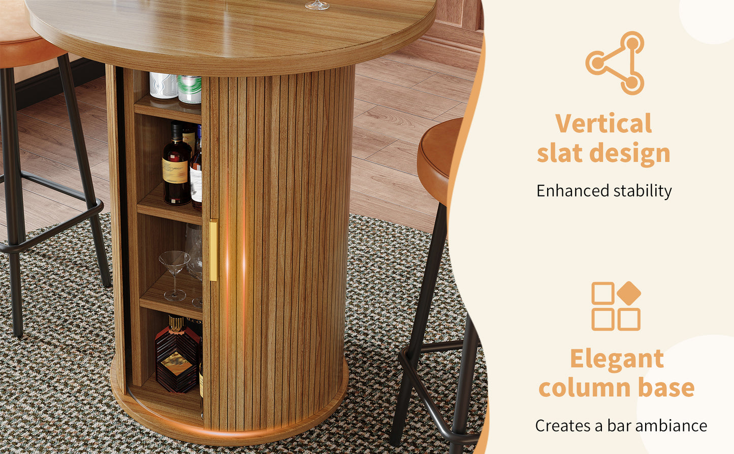 Runder Bartisch mit Stauraum, 91,6cm hoher Stehtisch mit Schrank, MDF Holzoptik, Belastbar bis 75kg, für Bar & Wohnzimmer