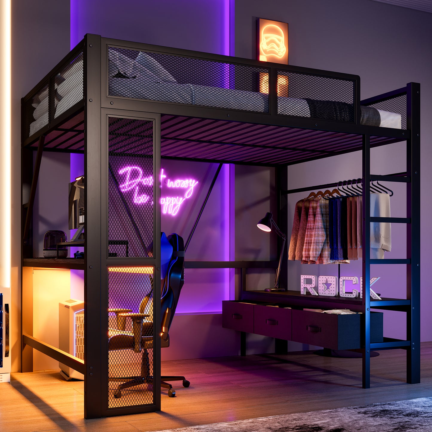140 x 200 cm Metall-Spielhochbett mit USB, LED, Schreibtisch, offenem Kleiderschrank und 3 Wäscheschubladen, schwarz