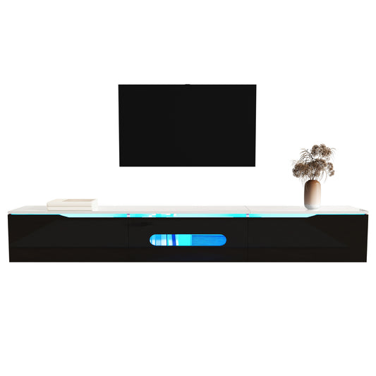 Gigab2b original image - Schwarz-weißer TV-Schrank, 180 cm lang, Hochglanzoberfläche, mit 16-farbiger LED-Beleuchtung, wandmontierbar