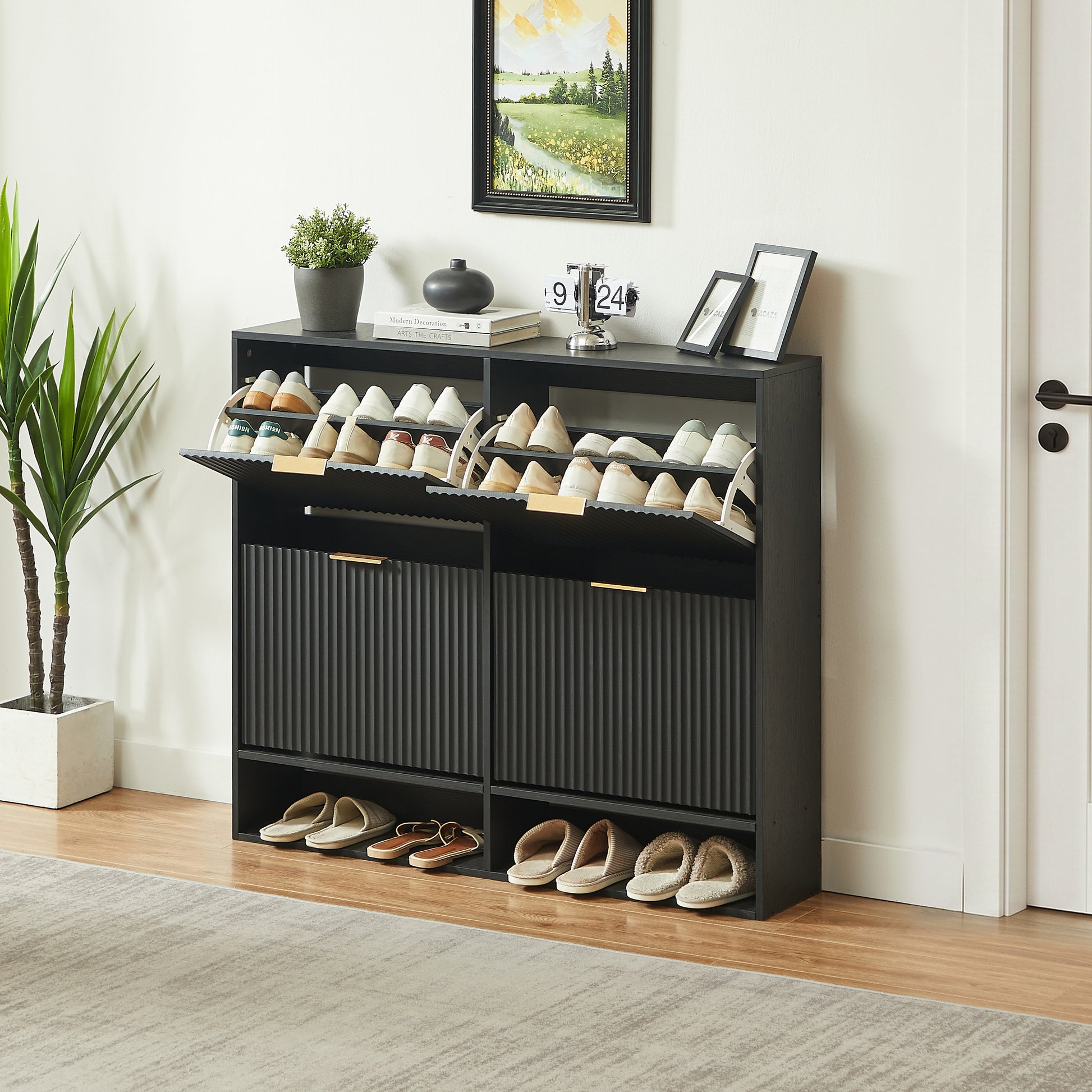 120 x 24 cm Schuhschrank mit Nutfront – Höhenverstellbar mit Kippschutz und Dekotisch für den Flur, in Schwarz
