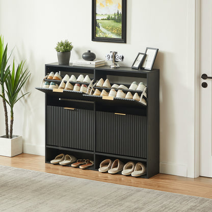 120 x 24 cm Schuhschrank mit Nutfront – Höhenverstellbar mit Kippschutz und Dekotisch für den Flur, in Schwarz