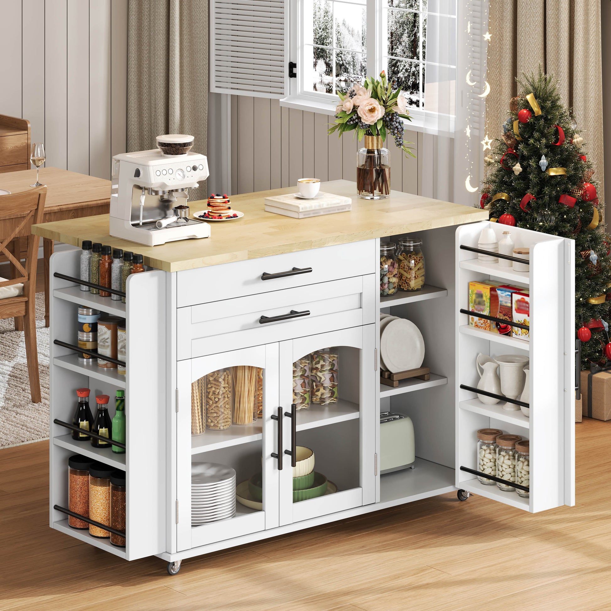 Gigab2b original image - Mobiler Kücheninsel mit klappbarem Arbeitsbereich, Küchenwagen, 5 Rädern, mehreren Aufbewahrungslösungen, Gewürzregal, Besteckschublade, 120 x 45 (70) x 90 cm