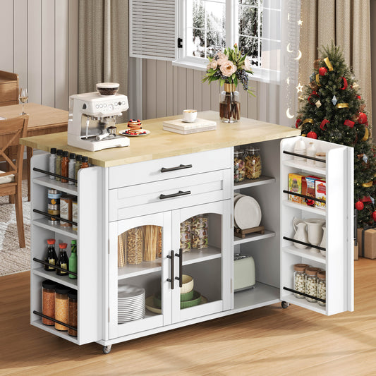 Gigab2b original image - Mobiler Kücheninsel mit klappbarem Arbeitsbereich, Küchenwagen, 5 Rädern, mehreren Aufbewahrungslösungen, Gewürzregal, Besteckschublade, 120 x 45 (70) x 90 cm