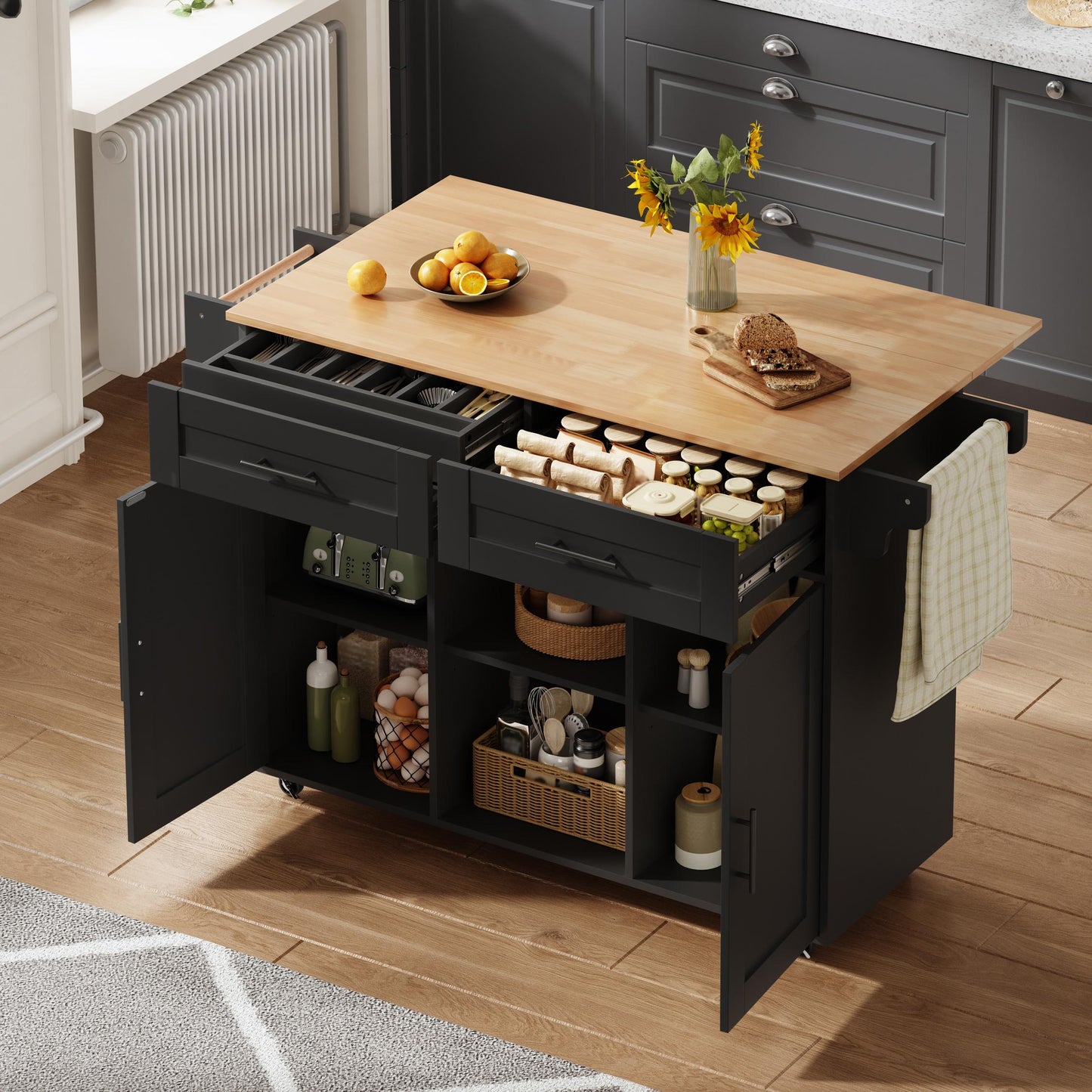 145 x 45 x 94,5 cm, multifunktionale mobile Kücheninsel mit klappbarer Arbeitsplatte, verstellbaren Regalen, 5 Rollen, verdeckter Besteckschublade – geeignet für Küchen, Esszimmer, Wohnzimmer usw.