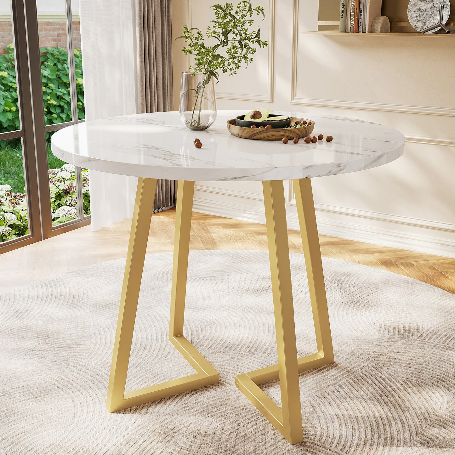 Gigab2b original image - Runder Esstisch (1 Stück), Küchentisch, einzigartiges Metallgestell, Esstisch aus modernem Marmormuster, geeignet für Esszimmer, Wohnzimmer, Weiß/Gold
