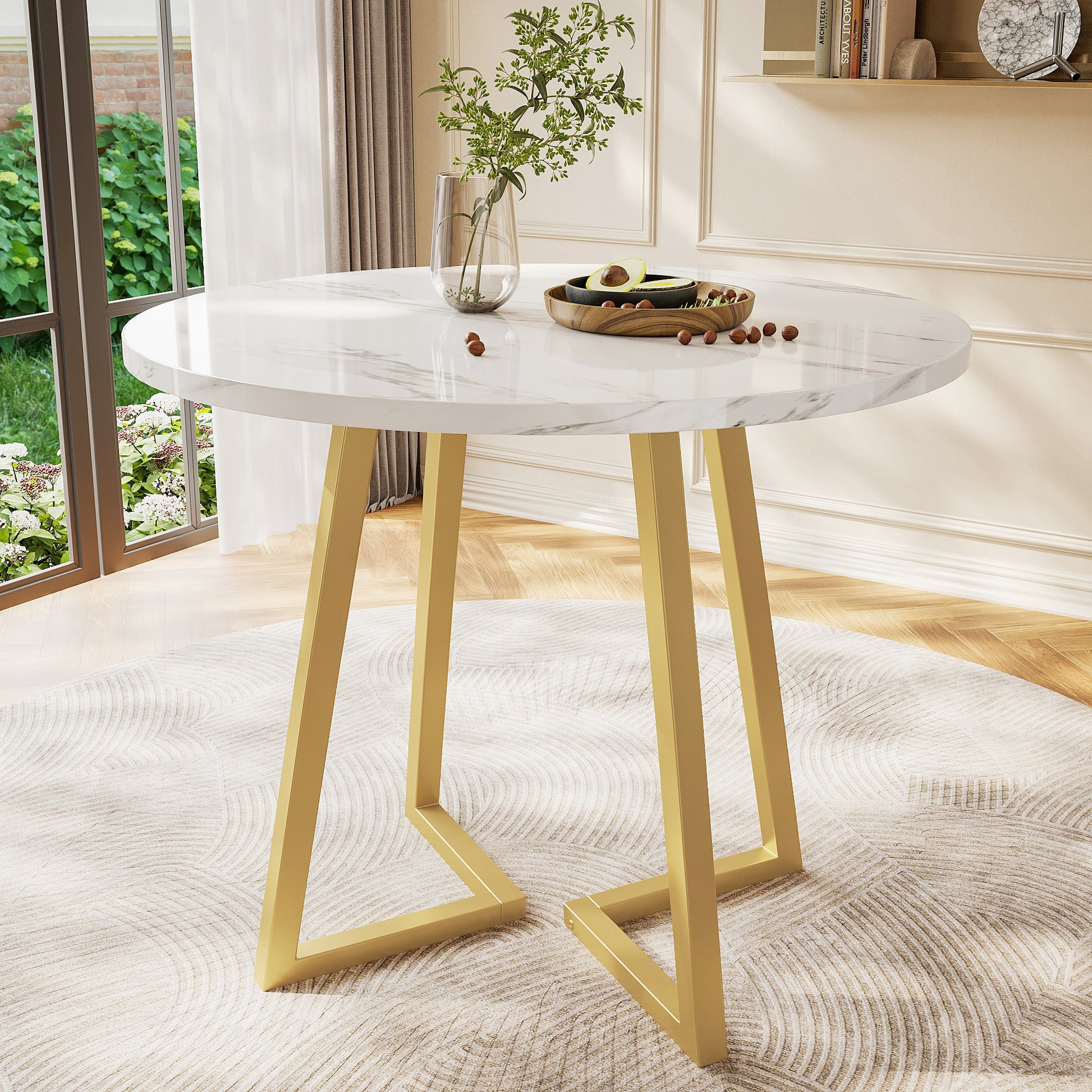 Gigab2b original image - Runder Esstisch (1 Stück), Küchentisch, einzigartiges Metallgestell, Esstisch aus modernem Marmormuster, geeignet für Esszimmer, Wohnzimmer, Weiß/Gold