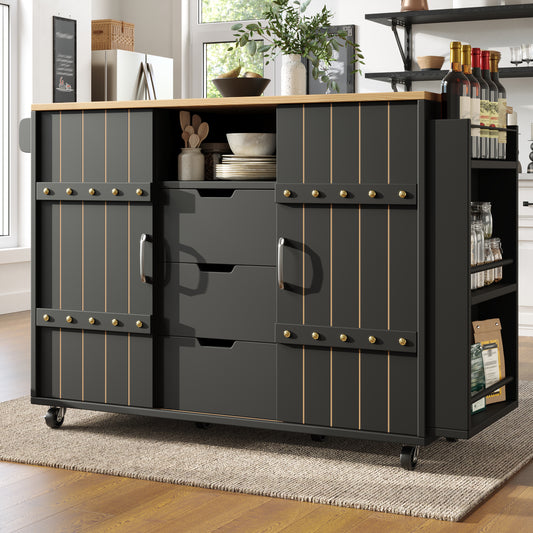 Gigab2b original image - Küchenschrank, Servierwagen mit Holzmaserung, Küchenwagen mit rollen und arbeitsplatte, Küchenwagen mit Gewürzregal und Handtuchhalter, Kücheninsel mit Schiebetüren und Schubladen, schwarz