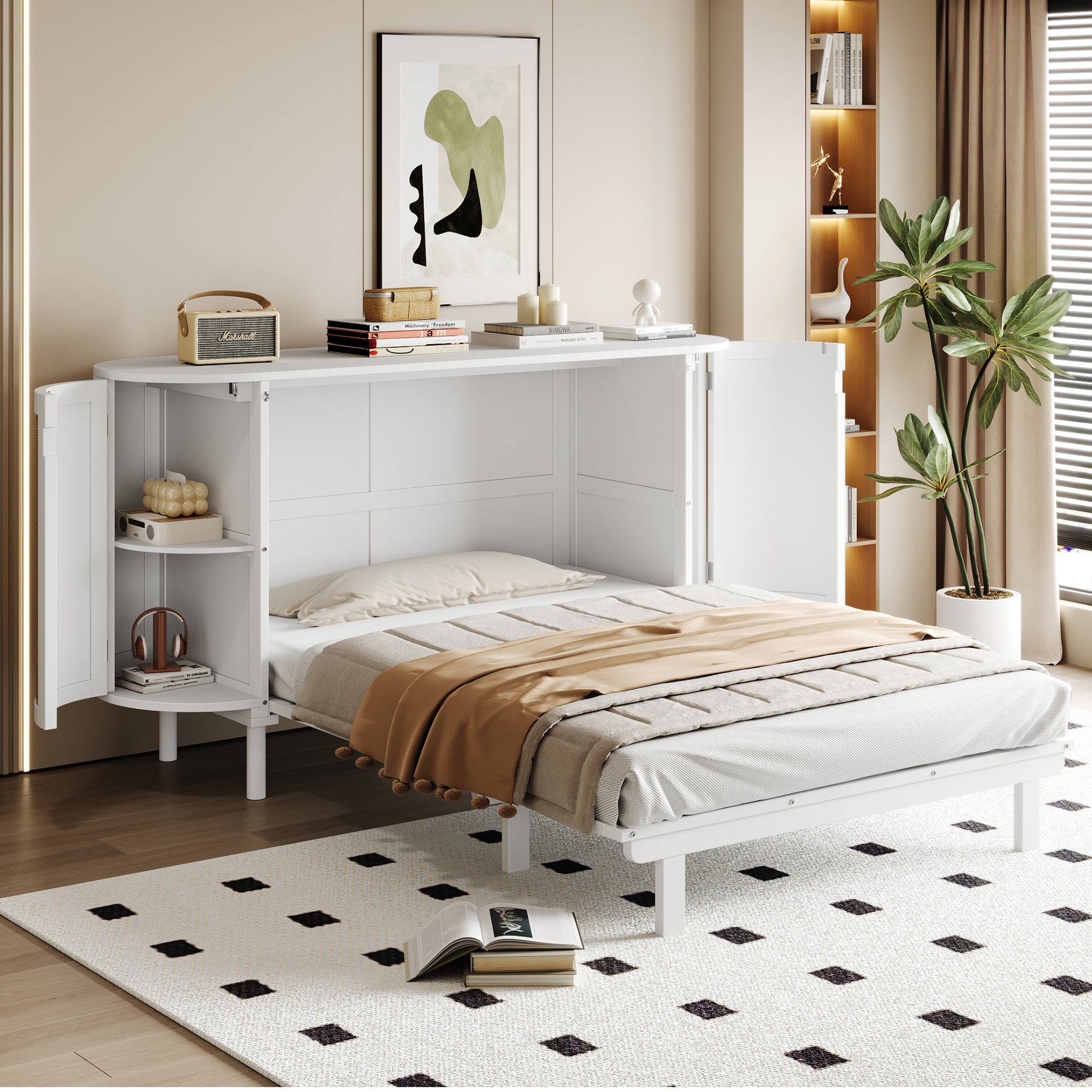Gigab2b original image - Schrankbett 140 x 200 cm, Wandbett mit Lattenrost, Wandklappbett, Vertikales schrankbett mit Lattenrost, mit Staufächern, Rattan-Design, Holzbetten, Jugendbetten, Einzelbetten,Weiß