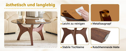 Runder Couchtisch mit Bernstein-Glasplatte, Moderner Wohnzimmertisch mit braunem Holzrahmen, Stabiler Kaffeetisch 80cm, Hitze- & Kratzfest, für Wohnzimmer, Büro & Lounge