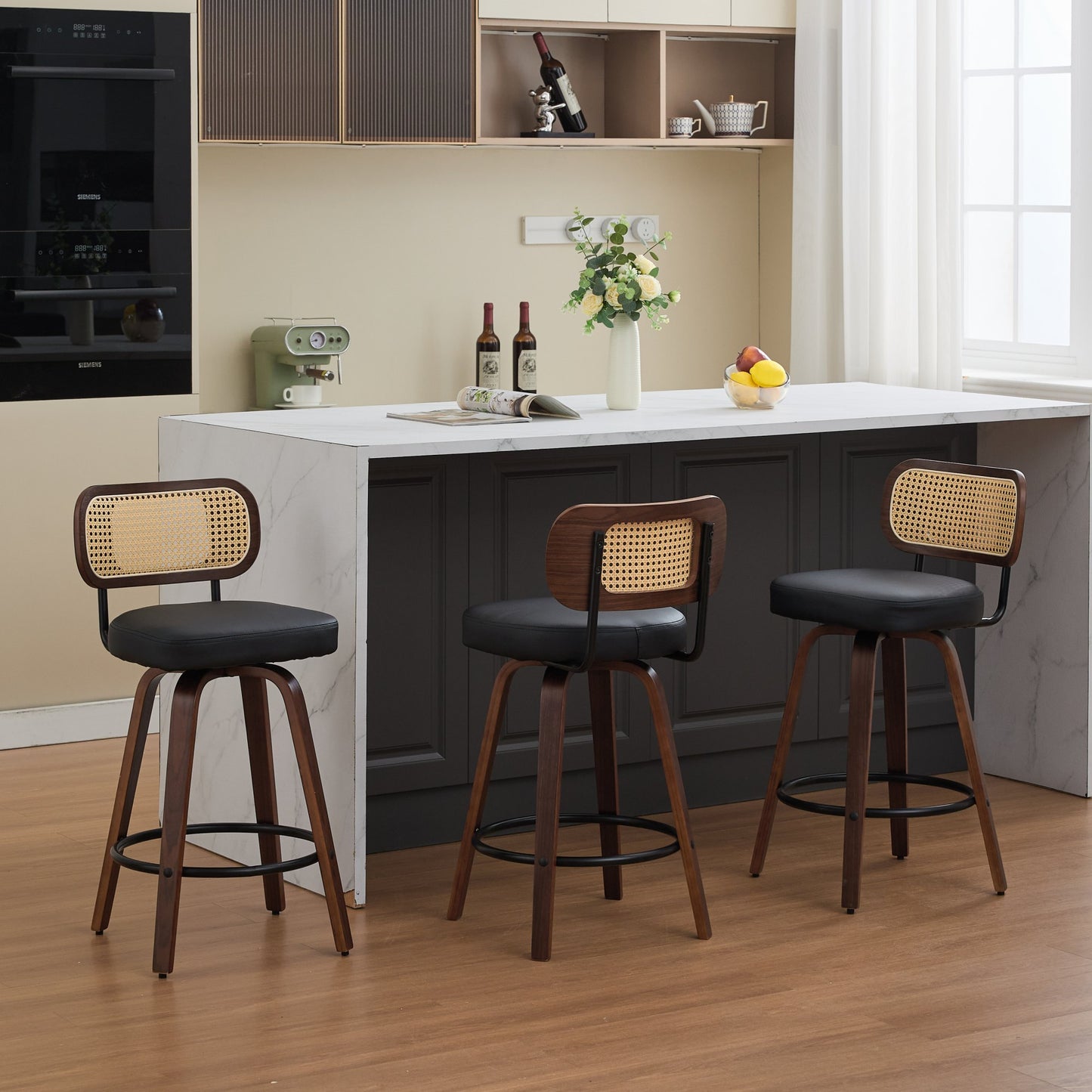 Gigab2b original image - Set of 3 Counter Height Bar Stools - 26 inch Rattan Counter Height Stools with Cane Back, Upholstered Seat, Walnut Craftsmanship, Swivel Counter Stools for Island/Counter(Walnut Black) ,DE3866BK