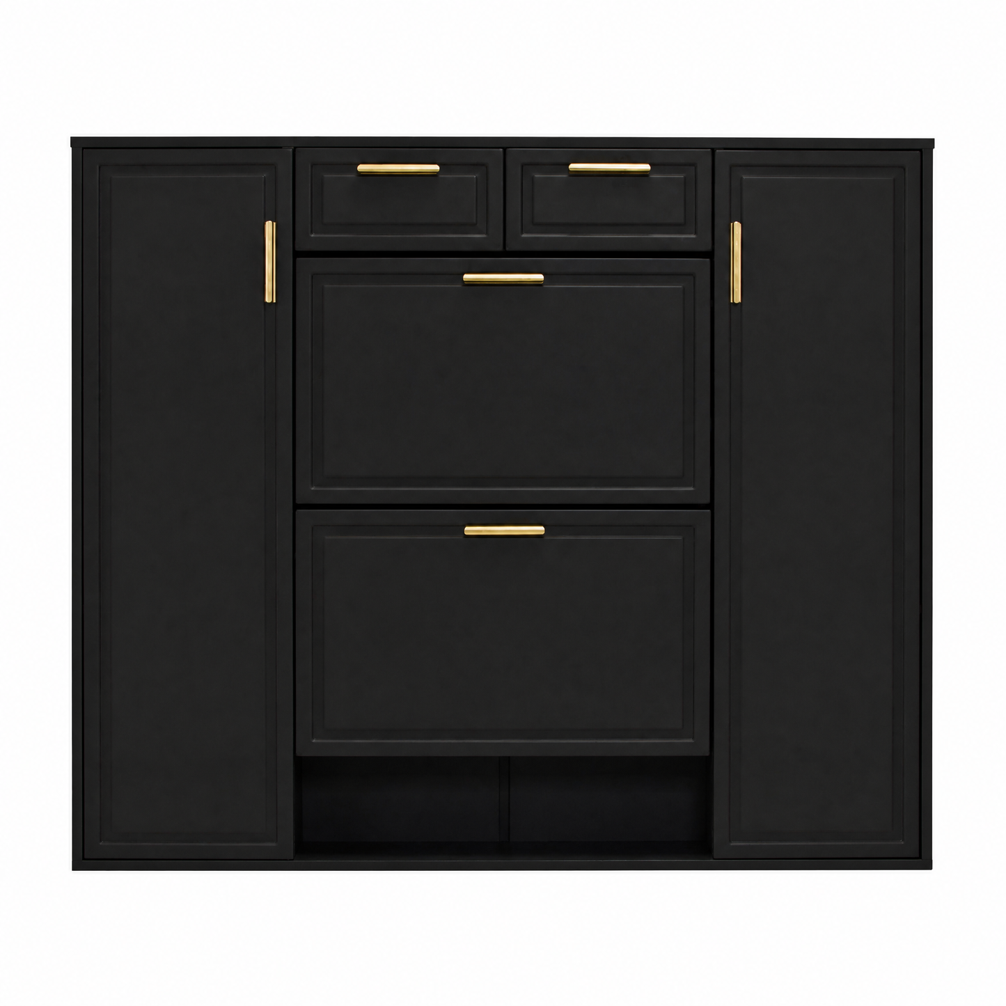 Moderne Schuhschrank, mit verstellbaren Regalen, goldenen Griffen, 2 Schubladen, Klappschuhschrank und 2 Türen, Schwarz, B120/D24/H107 CM