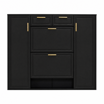 Moderne Schuhschrank, mit verstellbaren Regalen, goldenen Griffen, 2 Schubladen, Klappschuhschrank und 2 Türen, Schwarz, B120/D24/H107 CM