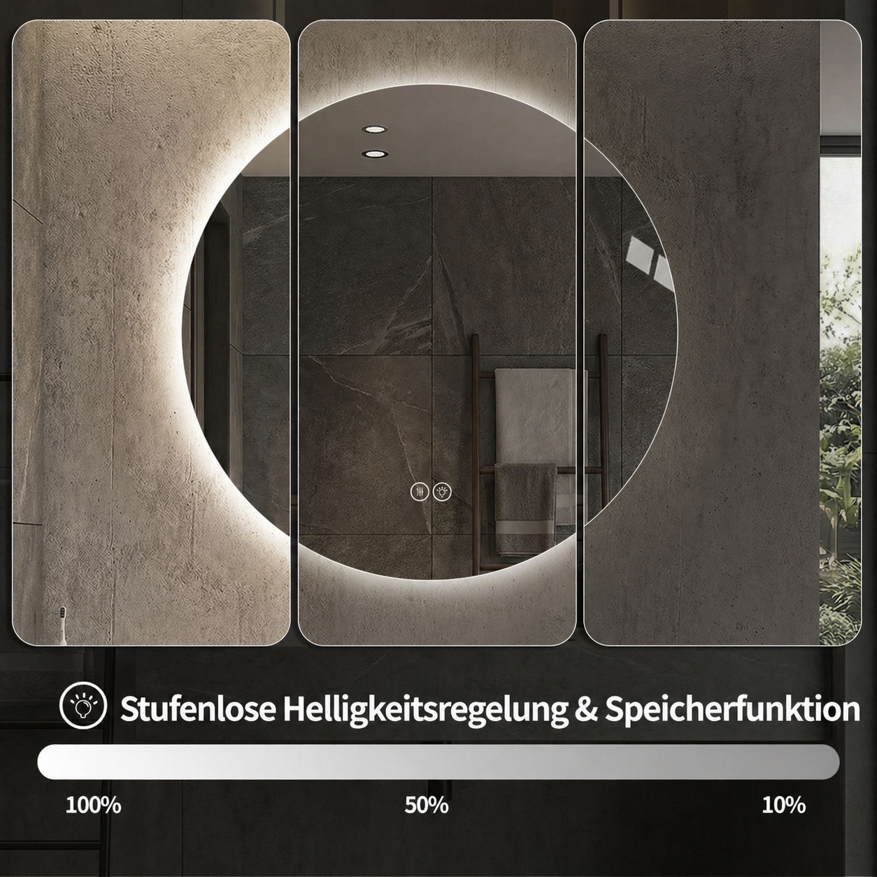 Runder LED Badezimmerspiegel 80 cm, Hinterleuchtet, Anti-Beschlag, 3 Lichtfarben, Stufenlos Dimmbar, Memoryfunktion, Touchschalter, 5 mm Kupferfreier HD-Silberspiegel