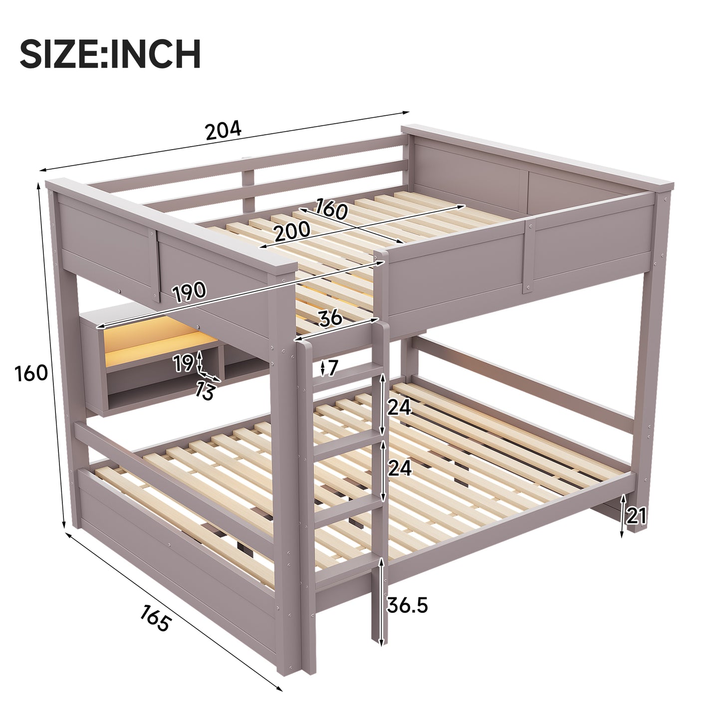 160x200 Etagenbett mit Stauraumschränken und LED-Licht, Braun