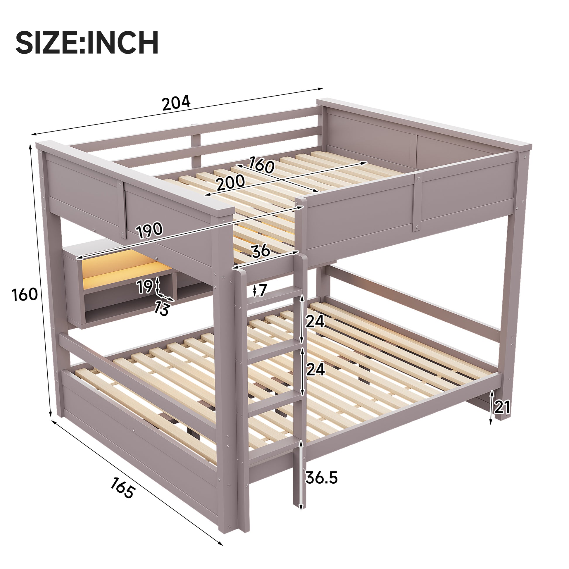 160x200 Etagenbett mit Stauraumschränken und LED-Licht, Braun