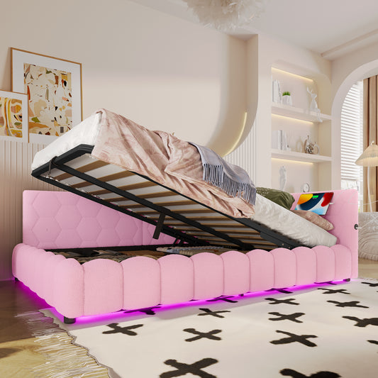 Daybett, 140*200cm Tagesbett, Schlafsofa, Bett mit Lattenrost (ohne Matratze), mit LED-Lichtleiste, mit hydraulischem Hebemechanismus, USB-Anschluss, Typ-C, Komfortmaterial, Vliesimitat, Rosa