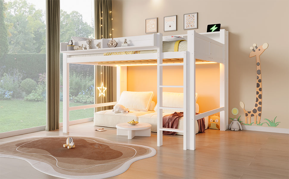 140x200 cm großes Hochbett aus Holz mit Ablagefächern, LED-Beleuchtung und USB-Anschluss, Weiß