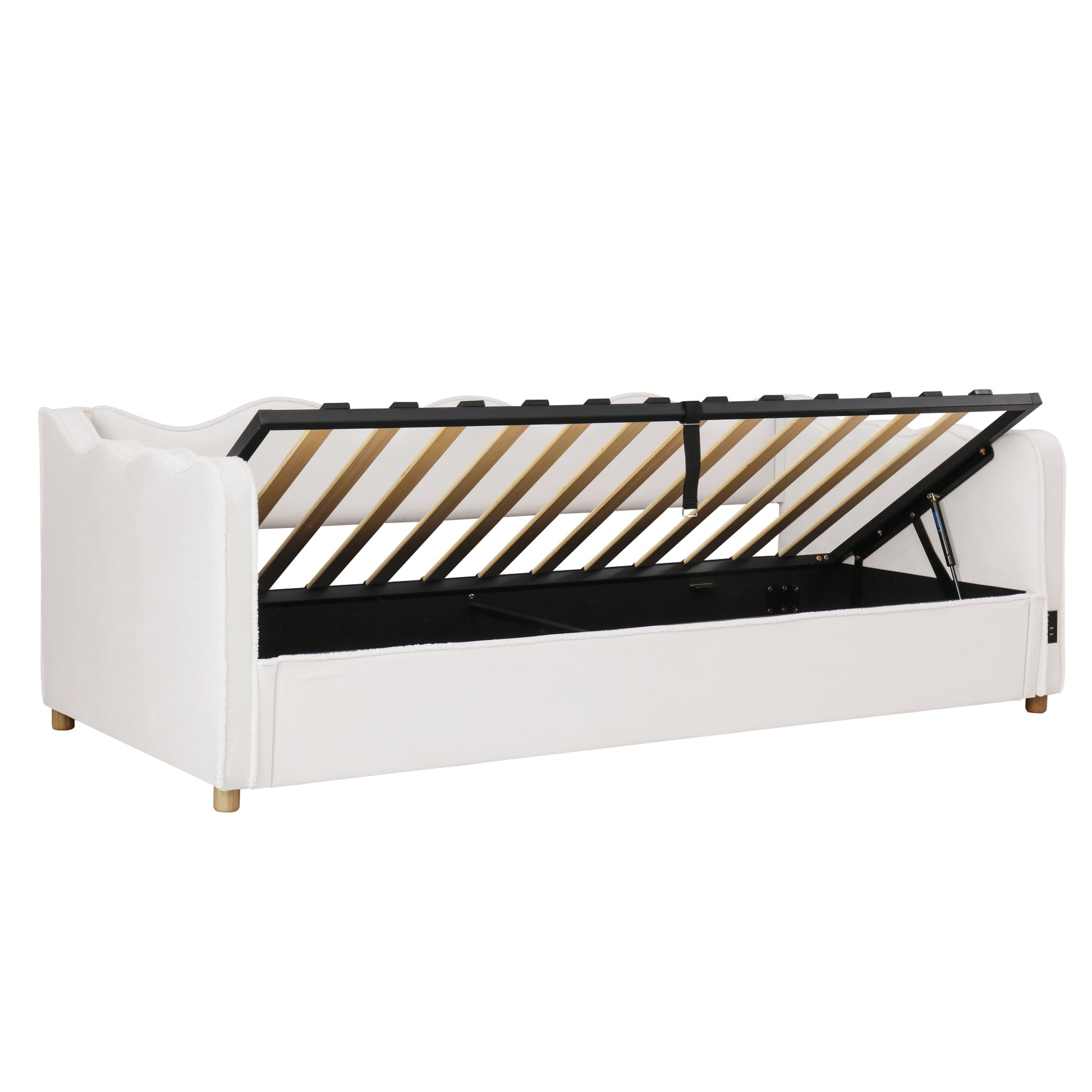 Daybett 90x200 cm mit hydraulischem Stauraum, Polsterbett, Tagesbett, Schlafsofa mit USB & Rückenlehne, samt, beige