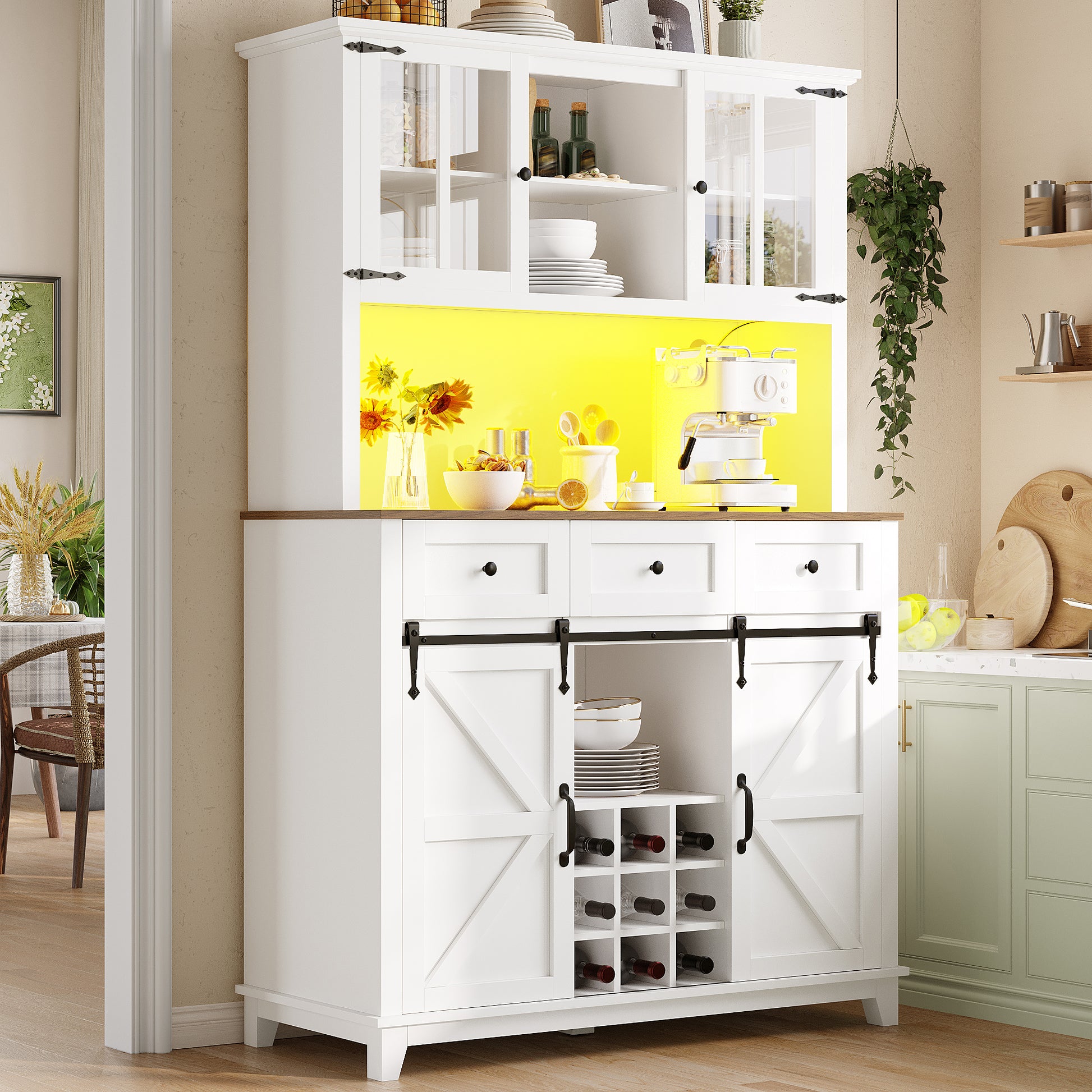 Gigab2b original image - Küchenschrank(105×38.4×180cm), Hochschrank Küchenbuffet, Vitrinenschrank, Buffetschrank mit Verstellbaren Ablagen, Sideboard mit LED-Beleuchtung,Variable Lichtfarben,weiß