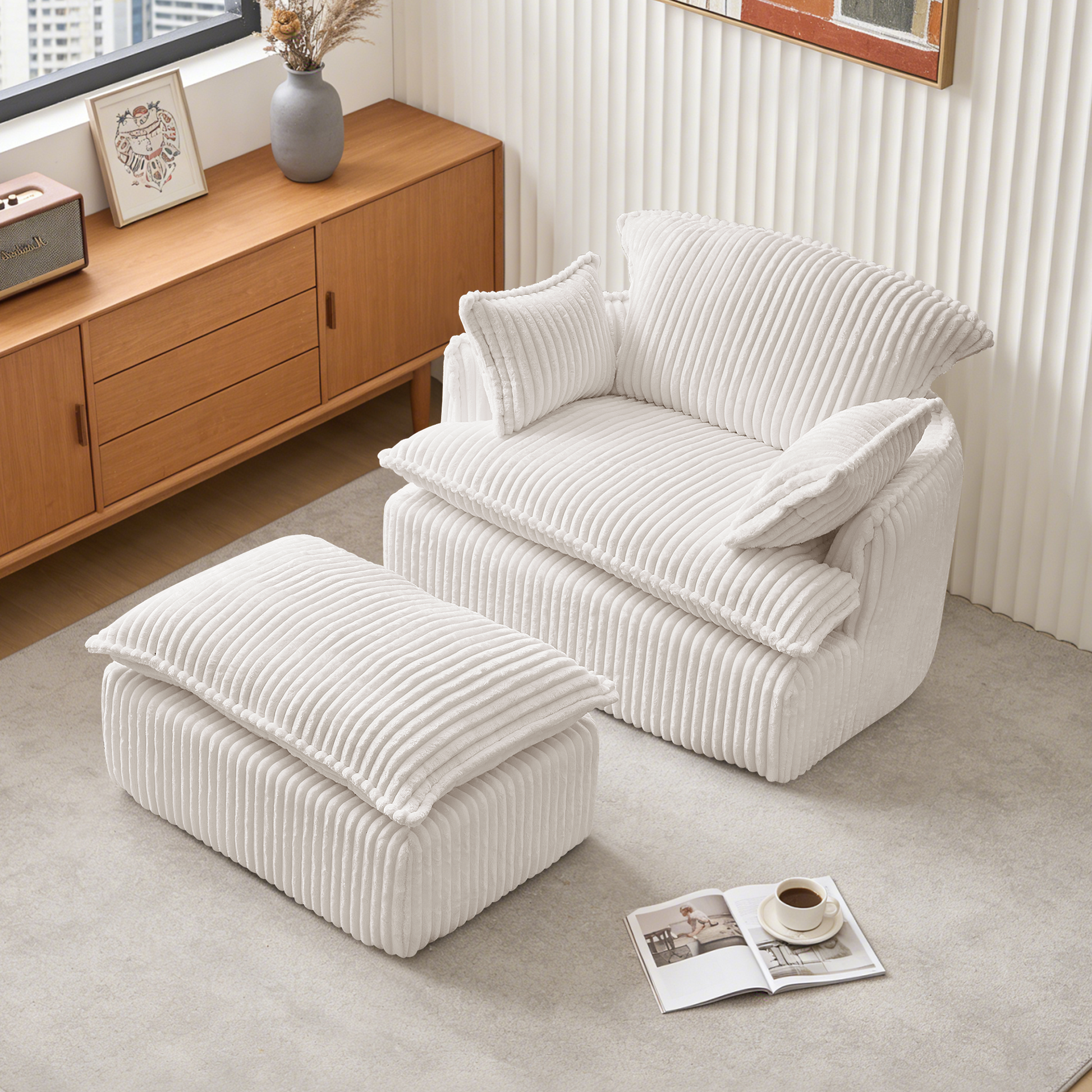 Gigab2b original image - Komprimierter Cloud-Sofa-Sessel mit Hocker, umwandelbarer Sessel aus kuschelweichem Kord-Stoff für kleine R?ume, Wohnzimmer & Studentenwohnung