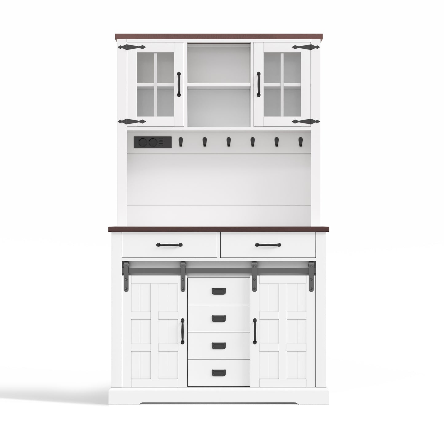 Küchenschrank, Buffetschrank, Sideboard mit Steckdose und LED-Beleuchtung, Küchenmöbel mit Arbeitsplatte, 6 Schubladen, verstellbare Einlegeböden, Haken, 180 × 108 × 40 cm, Weiß
