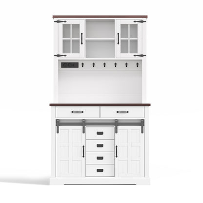 Küchenschrank, Buffetschrank, Sideboard mit Steckdose und LED-Beleuchtung, Küchenmöbel mit Arbeitsplatte, 6 Schubladen, verstellbare Einlegeböden, Haken, 180 × 108 × 40 cm, Weiß