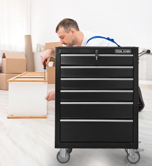 Gigab2b original image - Tool Cabinet Tool Cart 615mm Length with 6 Drawers and Wheels, Metal Rolling Tool Box Locked Drawers Storage Organizer Cabinet for Garage, Warehouse, Repair Shop, Workshop, Black Color