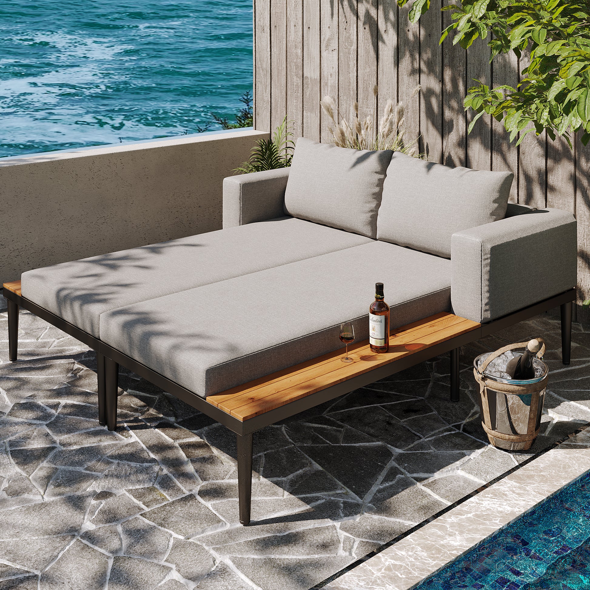 Gigab2b original image - Outdoor Patio Daybed,Double Lounge Bed, Outdoor-Liegestuhl,Multifunktionales wasserdichtes Sofabett, Doppel-Liegebett mit Regalen,Sun Lounger for Patio, Garden & Balcony