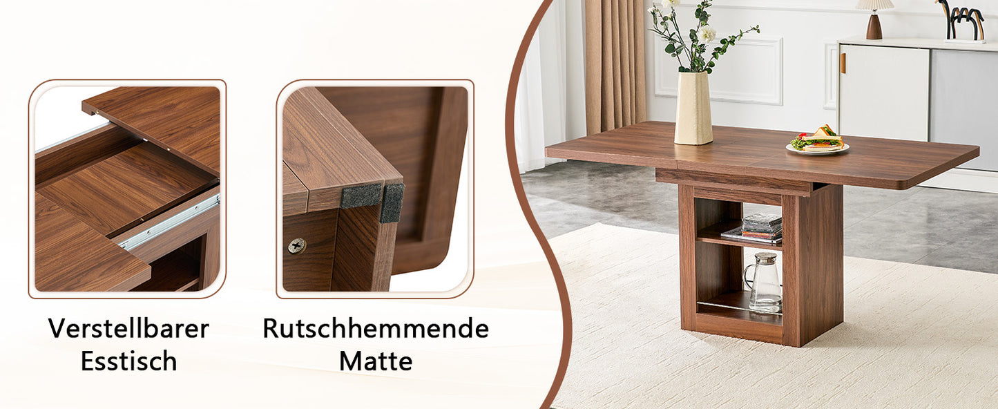 Moderner ausziehbarer Esstisch aus Nussbaumholz mit Ablage, platzsparender Küchentisch aus Holz für 4–8 Personen, ausziehbarer Esstisch mit Metallschienen