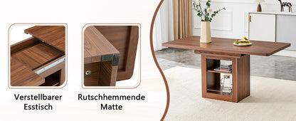Moderner ausziehbarer Esstisch aus Nussbaumholz mit Ablage, platzsparender Küchentisch aus Holz für 4–8 Personen, ausziehbarer Esstisch mit Metallschienen