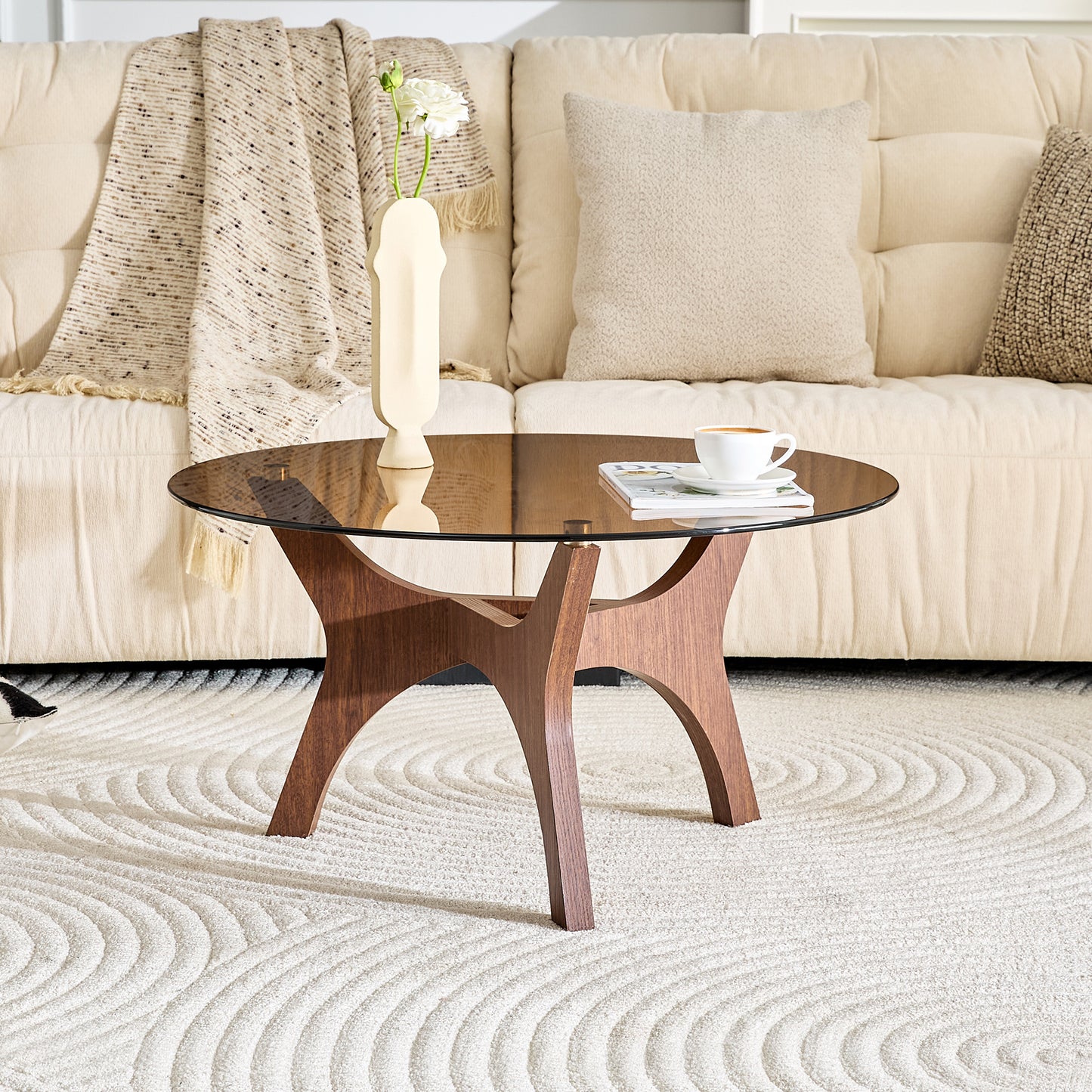 Gigab2b original image - Runder Couchtisch mit Bernstein-Glasplatte, Moderner Wohnzimmertisch mit braunem Holzrahmen, Stabiler Kaffeetisch 80cm, Hitze- & Kratzfest, für Wohnzimmer, Büro & Lounge