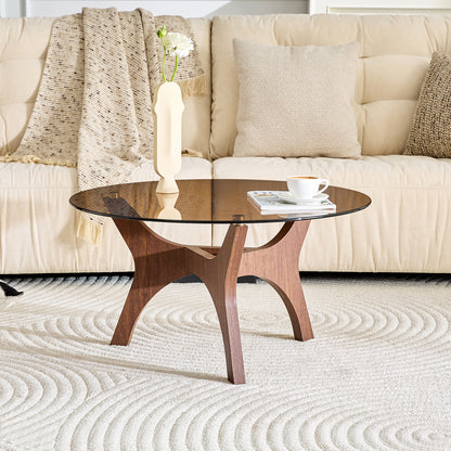 Gigab2b original image - Runder Couchtisch mit Bernstein-Glasplatte, Moderner Wohnzimmertisch mit braunem Holzrahmen, Stabiler Kaffeetisch 80cm, Hitze- & Kratzfest, für Wohnzimmer, Büro & Lounge