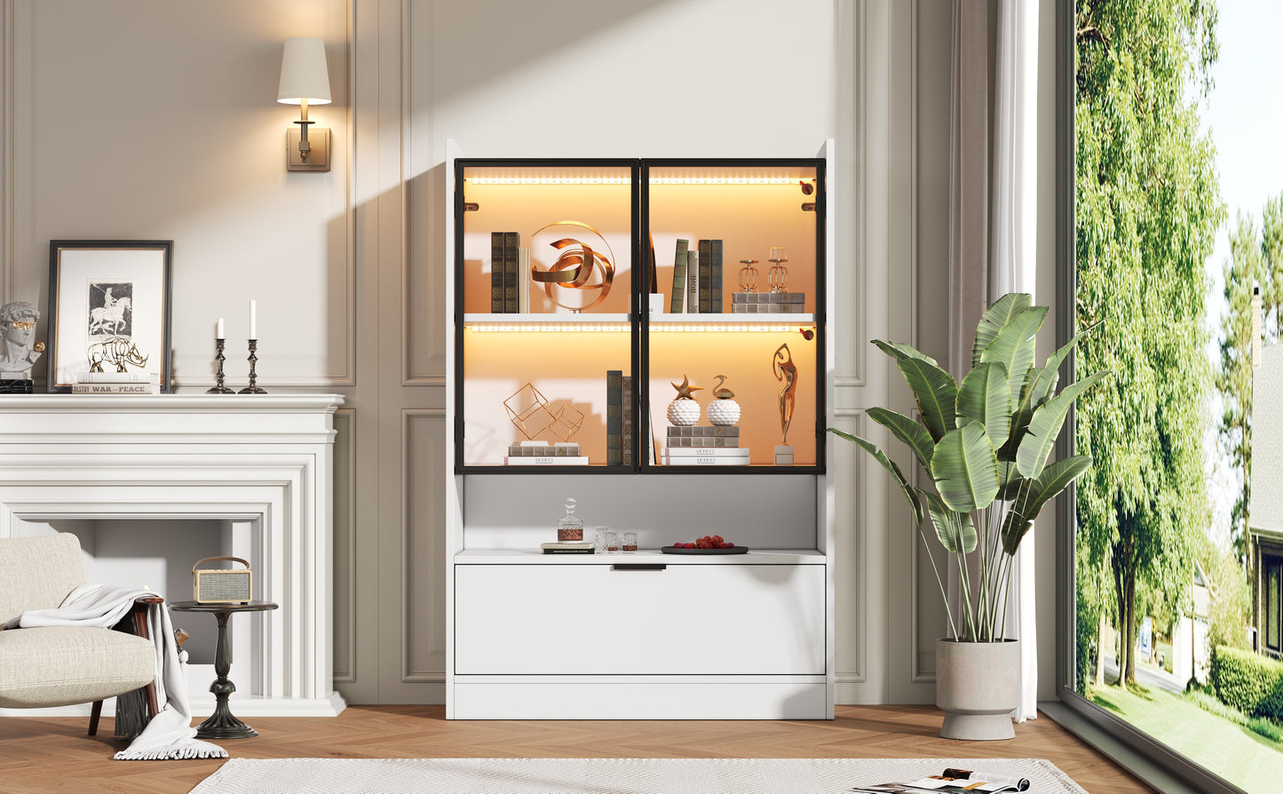 Moderne LED Vitrine Matt Höhe 120cm mit LED-Beleuchtung, Glasvitrine Standvitrine mit Beleuchtung, Wohnzimmerschrank mit Glastüren und Klapptür, Spanplatte Display Schrank,Weiß